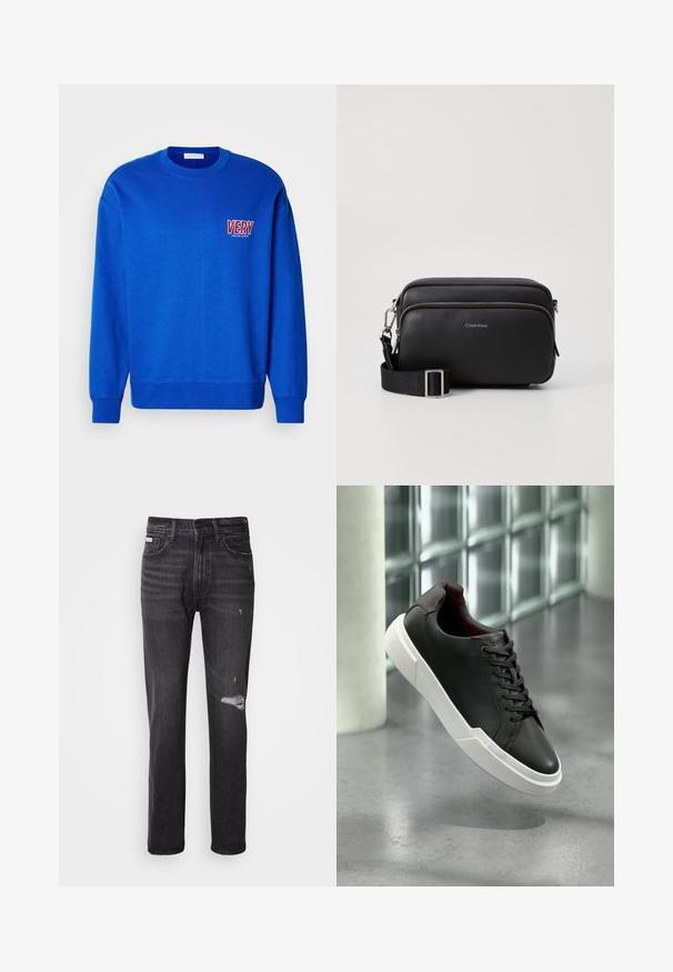 Blauwe sweatshirt met ronde hals, lange mouwen en geribbelde manchetten. Heeft "VERY" geborduurd in rood en wit op de linkerborst. Zachte textuur.; Zwarte denim jeans met een rechte pijp, verwerkte details bij de knie, vijf-pocket styling en een subtiele vervaagde afwerking.; Zwarte leren sneaker met dikke witte zool en zwarte veters, zwevend boven een grijze betonnen vloer nabij een glazen blokmuur.; Zwarte leren schoudertas met twee ritscompartimenten, gestructureerd afwerking, verstelbare schouderband en zilveren hardware-accenten. Calvin Klein-logo zichtbaar.