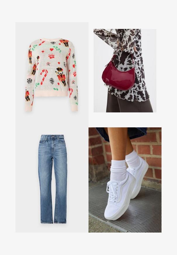 Pull léger beige mettant en avant des motifs de Noël, incluant des soldats de bois, des cadeaux, des cannes en sucre et des cœurs. Col et poignets côtelés de couleur rose.; Jean en denim bleu clair avec taille haute, coupe droite, peu d'effritement et style classique à cinq poches. Fermeture à bouton en bronze.; Baskets en toile blanches avec semelles en caoutchouc, dotées de six œillets, d'un bout rond et de détails de couture légers, portées avec des chaussettes blanches mi-mollet.; Femme portant un chemisier à motif noir et blanc tenant un sac à main rouge brillant sur un fond uni.