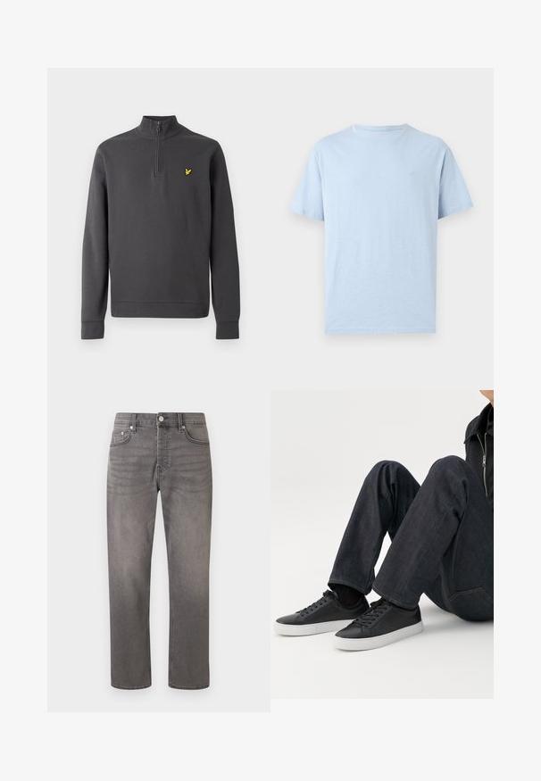 Mørkegrå langærmet pullover med kvart lynlås og lille gul fuglelogo broderet på venstre bryst.; Lyseblå T-shirt med korte ærmer og rund hals med en lille broderet logo på venstre bryst, vist på en ensfarvet baggrund.; Grå straight-leg denimjeans med forreste knap, lynlås, bæltestropper og klassisk fem-lomme design på hvid baggrund.; Person siddende med bøjede ben, iført mørkeblå jeans og sorte lave sneakers med hvide såler på en hvid baggrund.
