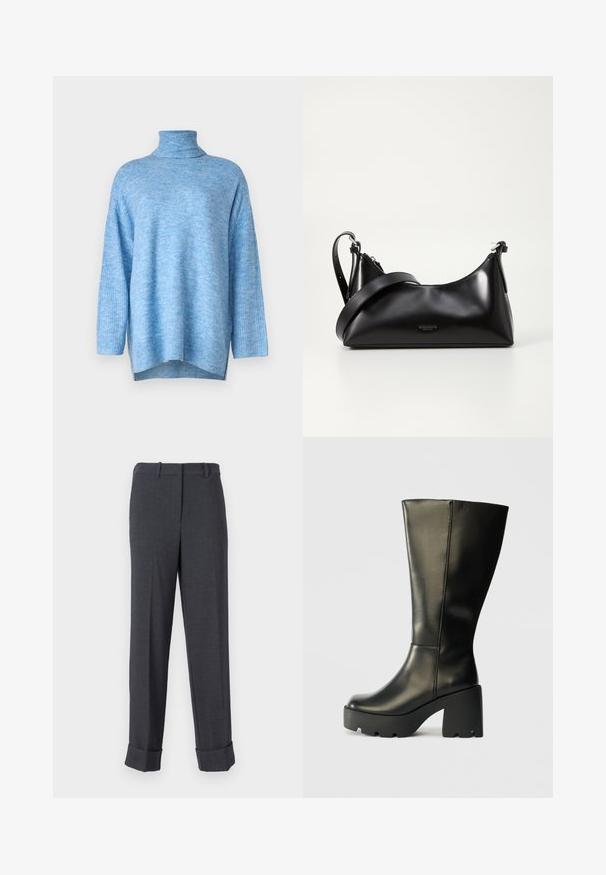 Pull à col roulé bleu clair en maille douce, à la coupe décontractée, avec des manches longues et des fentes latérales à l'ourlet.; Pantalons gris ajustés en tissu texturé, présentant une jambe droite, des passants de ceinture et des ourlets retroussés pour une apparence structurée.; Botte noire en cuir jusqu'au genou avec un épais talon plateforme texturé noir. Présente une surface lisse et un design vertical épuré.; Sac à main en cuir noir avec une texture lisse. Dispose d'une bandoulière adjustable et d'un design élégant et minimaliste avec une fermeture éclair.