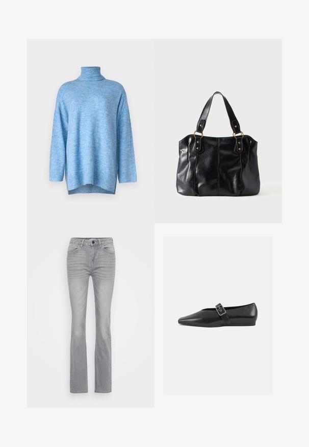 Pull à col roulé bleu clair en maille douce, à la coupe décontractée, avec des manches longues et des fentes latérales à l'ourlet.; Jeans en denim gris avec une coupe évasée, présentant un style classique à cinq poches et une fermeture à boutons. Tissu texturé avec un léger dégradé.; Chaussure plate en cuir noir avec un orteil pointu, présentant une sangle à boucle métallique sur le cou-de-pied et une semelle basse et flexible.; Sac à épaule en cuir noir avec double anses attachées par des anneaux et rivets dorés, surface lisse et légèrement brillante, design simple.