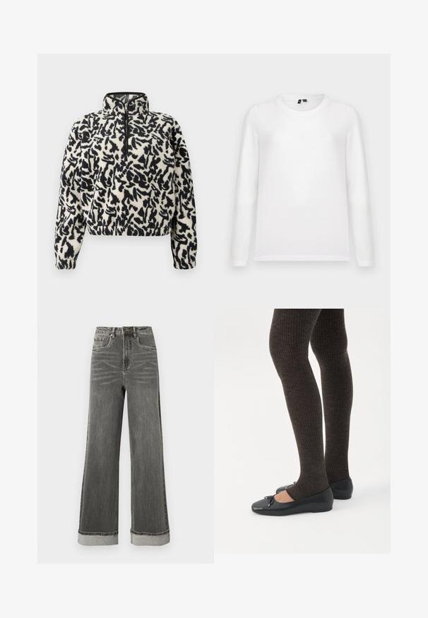 Fleece-pullover i elfenben med sort abstrakt mønster, med halv lynlås ved kraven og elastiske manchetter for en tætsiddende pasform.; Lys grå baggrund med en liggende hvid langærmet t-shirt med rund hals og synlige mærker ved kraven.; Grå denimjeans med vide ben, høj talje, fem lommer og opbukket kant. Stoffet har en let slidte struktur med synlige syninger.; Ben iført mørke ribbede leggings kombineret med sorte balletsko med små sløjfedetaljer på hvid baggrund.