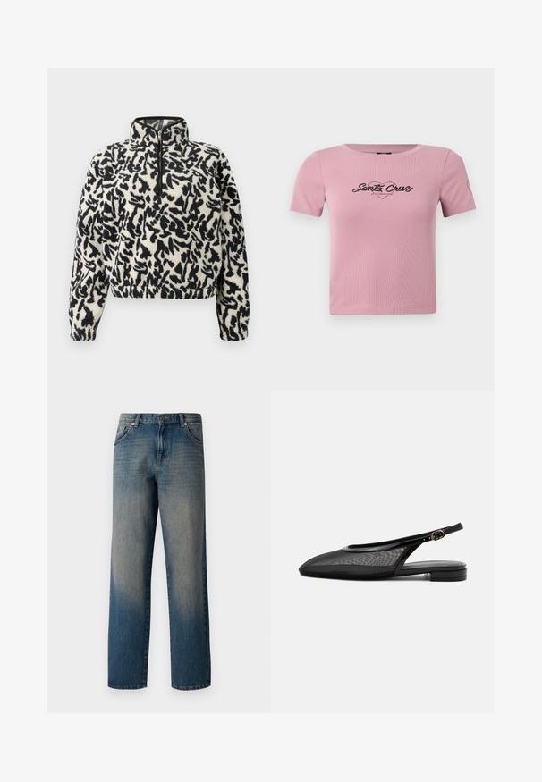 Fleece pullover in ivoorkleur met zwart abstract patroon, voorzien van een halve ritskraag en elastische manchetten voor een comfortabele pasvorm.; Korte roze t-shirt van ribstof, met een zwart "Santa Cruz" graphic op de borst en een klein hartdetail op de mouw.; Blauwe spijkerbroek met een recht model, met vervaging van donker naar licht, vijf zakken en een knoopsluiting bij de taille.; Zwarte slingback platte schoen met puntige neus, mesh bovenwerk, verstelbare gespsluiting en lage gestapelde hak op witte achtergrond.