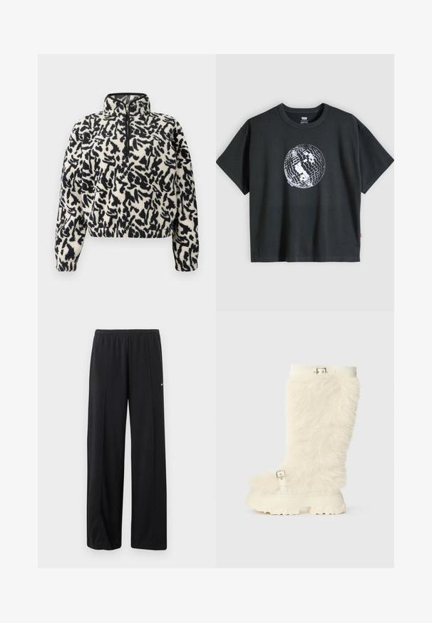 Fleece pullover in ivoorkleur met zwart abstract patroon, voorzien van een halve ritskraag en elastische manchetten voor een comfortabele pasvorm.; Zwart T-shirt met korte mouwen en een witte en grijze discobalgrafiek in het midden aan de voorkant tegen een eenvoudige lichte achtergrond.; Zwarte Nike ruime trainingsbroek met elastische tailleband en subtiel wit swoosh-logo op de linker dij.; Kniehoge crèmekleurige nepbont laars met een chunky witte rubberen zool, voorzien van een gespsluiting en een vlak, textuurontwerp.