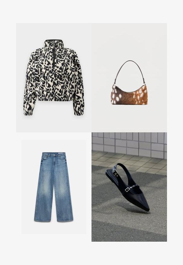 Fleece-pullover i elfenben med sort abstrakt mønster, med halv lynlås ved kraven og elastiske manchetter for en tætsiddende pasform.; Blå vidde jeans med falmet effekt foran, forreste knap, lynlås og forlommer med bæltestropper.; Sort flad slingback med spids tå og dobbelte spænder, hvilende på grå asfalt nær flisevæg.; Skuldertaske med brun og hvid pletmønstret imiteret pels og en tynd sort rem, vist på en hvid baggrund.