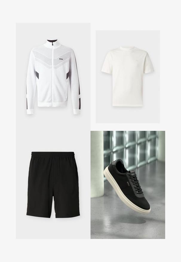 Chaqueta blanca con cremallera y cuello alto, con un patrón texturizado y acentos gris oscuro en las mangas y los lados. Logotipo en el pecho.; Camiseta blanca lisa de manga corta con cuello redondo, pequeño logo bordado en el pecho izquierdo, mostrada sobre un fondo gris claro.; Pantalones cortos negros con cintura elástica, bolsillos laterales, corte recto y largo hasta la mitad del muslo, presentados sobre un fondo claro y liso.; Zapatilla negra de corte bajo con suela blanca, tejido de malla, detalles de cuero y logo "BOSS" en el lateral, presentada frente a un fondo de muro de bloques de vidrio.