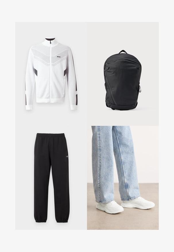 Weiße Zip-Jacke mit hohem Kragen, versehen mit einem strukturierten Muster und dunkelgrauen Akzenten an Ärmeln und Seiten. Logo auf der Brust.; Schwarze Adidas-Sweathosen mit elastischem Bund und Bündchen, versehen mit einem kleinen weißen Adidas-Trefoil-Logo am oberen linken Bein.; Weiße Sportsneaker mit einem glatten, geformten Design und strukturierten Sohlen, kombiniert mit hellblauen, locker sitzenden Jeans.; Schwarzer Rucksack aus glattem, strapazierfähigem Stoff mit einem eleganten, geschwungenen Design. Verfügt über Reißverschlussfächer und ein markenlogo auf der Vorderseite.