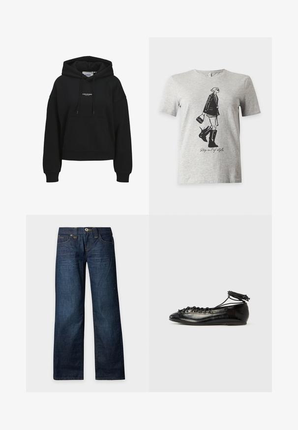 Schwarzer Hoodie mit Fronttasche, Kordelzugkapuze, gerippten Bündchen und Saum sowie kleinem weißen "JJXX STUDIO"-Schriftzug mittig auf der Brust.; Hellgraues T-Shirt mit kurzen Ärmeln mit einer schwarzen Illustration einer Frau in Stiefeln und Jacke, die eine Tasche hält, und dem Text "Step out of style."; Dunkelblaue Jeans mit geradem Bein, verwaschenen Details, Knopf- und Reißverschluss und Fünf-Taschen-Design auf hellem einfarbigem Hintergrund.; Schwarze Ballerinas aus Lackleder mit runder Spitze, Schnürdesign und flacher Sohle. Glatte Textur mit minimaler Verzierung.