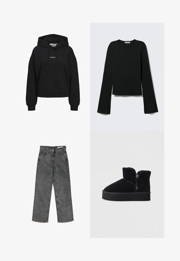 Sudadera negra con capucha, bolsillo frontal, cordón ajustable en la capucha, puños y dobladillo acanalados, y pequeño texto blanco "JJXX STUDIO" centrado en el pecho.; Camiseta negra de manga larga con cuello redondo, silueta ajustada y mangas ligeramente acampanadas, etiquetada con la marca "Weekday" en el cuello.; Jeans rectos de tiro alto, de color negro desgastado, con bolsillos frontales, trabillas para cinturón, cierre de botón y una etiqueta de marca en la parte interna de la cintura.; Botines de ante negros con cierre de cremallera, con un suave acabado de piel de pelo en la parte superior y una suela gruesa de goma negra. Textura suave sin patrones visibles.