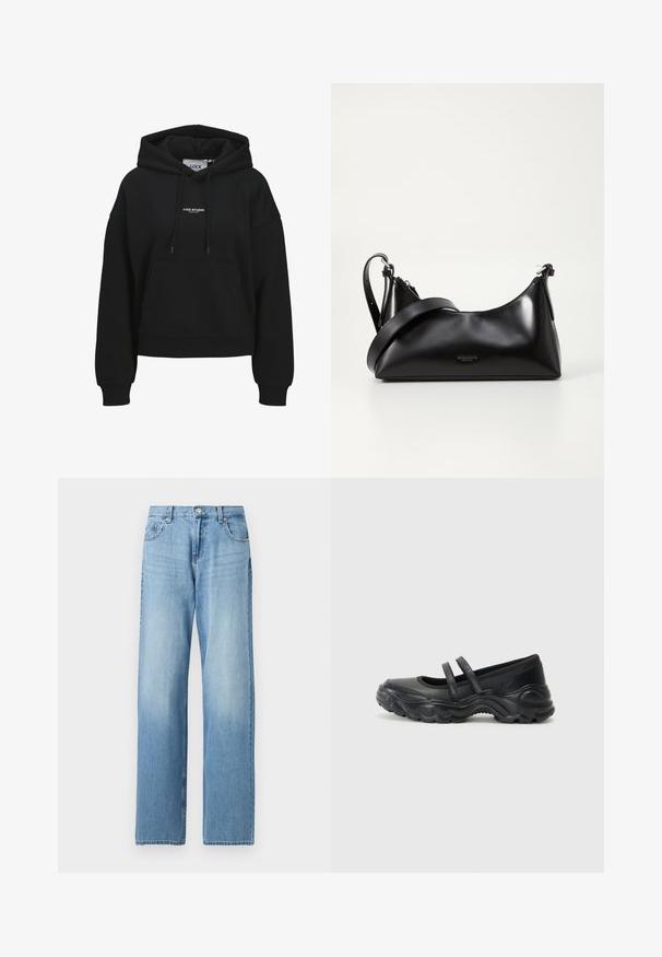 Zwarte hoodie met voorzak, capuchon met trekkoorden, geribbelde boorden en zoom, en kleine witte tekst "JJXX STUDIO" gecentreerd op de borst.; Lichtblauwe denim jeans met rechte pijpen, voorzien van een knoop- en ritssluiting aan de voorkant, riemlussen en zakken aan de voor- en achterkant.; Zwarte leren mary jane flats met twee verstelbare straps, een ronde neus en een gestructureerde rubberen zool voor extra grip.; Zwarte leren handtas met een gladde textuur. Beschikt over een verstelbare schouderband en een strak, minimalistisch ontwerp met een ritssluiting.