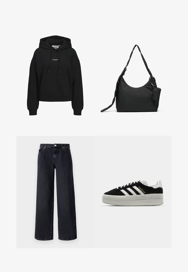 Sudadera negra con capucha, bolsillo frontal, cordón ajustable en la capucha, puños y dobladillo acanalados, y pequeño texto blanco "JJXX STUDIO" centrado en el pecho.; Vero Moda Petite VMREMY MR WIDE - Pernera ancha - black denim; Zapatillas negras de ante con detalles en cuero blanco, tres rayas blancas, cordones planos y una gruesa suela de plataforma gris. Marca "Gazelle" en dorado.; Bolso de hombro negro de nailon con forma curva, correa texturizada y un pequeño bolso con cremallera desmontable adjunto al lado.