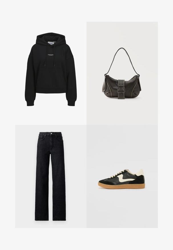 Sudadera negra con capucha, bolsillo frontal, cordón ajustable en la capucha, puños y dobladillo acanalados, y pequeño texto blanco "JJXX STUDIO" centrado en el pecho.; Jeans de mezclilla negros de cintura alta con cierre de botón y cremallera, bolsillos delanteros y traseros, y corte recto.; Zapatillas de deporte de ante y cuero negro con un swoosh lateral en crema y un talón en crema claro. Presenta cordones beige y una suela de goma marrón.; Bolso de hombro de cuero negro con detalle de correa con hebilla, bordes curvos y costuras blancas en contraste sobre un fondo liso.