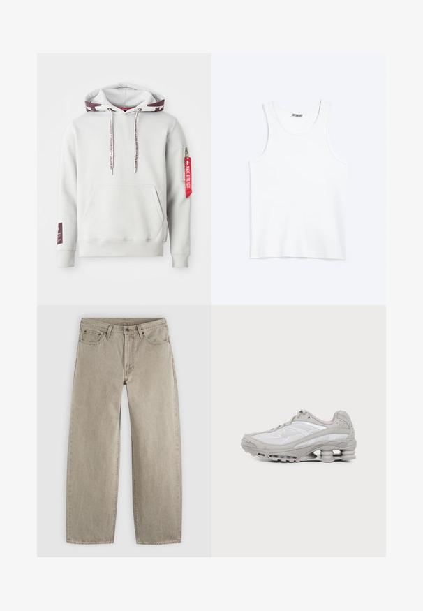 Hoodie gris clair avec une poche avant, des cordons de serrage ajustables et une poche zippée latérale avec une étiquette rouge. Poignets et ourlet côtelés.; Débardeur blanc sans manches avec col rond et étiquette de la marque Weekday à l'intérieur du col arrière, présenté à plat sur un fond clair.; Jean beige en denim coupe droite avec poches avant, passants de ceinture, fermeture à bouton et coutures visibles sur un fond clair uni.; Baskets de sport grises et blanches avec semelle à coussin d'air visible et panneaux en mesh, présentées de profil sur un fond clair uni.
