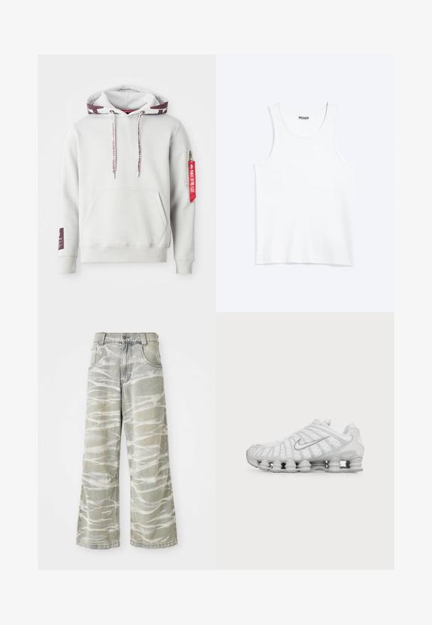 Hoodie gris clair avec une poche avant, des cordons de serrage ajustables et une poche zippée latérale avec une étiquette rouge. Poignets et ourlet côtelés.; Débardeur blanc sans manches avec col rond et étiquette de la marque Weekday à l'intérieur du col arrière, présenté à plat sur un fond clair.; Jeans en denim gris clair avec une jambe large, ornés de motifs abstraits blancs, cinq poches et une fermeture à bouton à l'avant. Détail d'ourlet effiloché.; Chaussure de running blanche Nike avec semelle à coussin d’air visible et logo swoosh argenté sur le côté, vue de l'extérieur.
