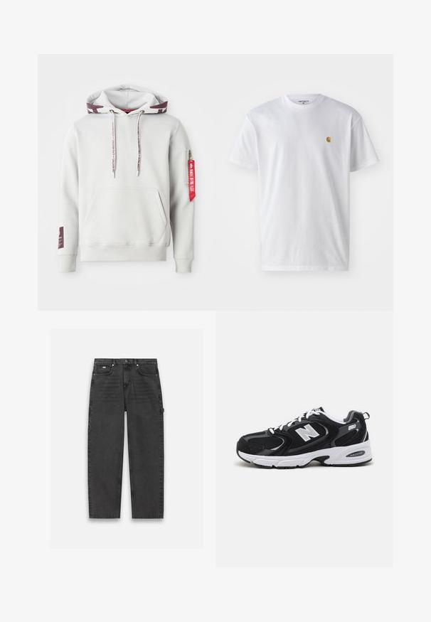 Lys grå hættetrøje med en frontlomme, justerbare snøretræk og en sidelomme med lynlås, der har et rødt mærke. Ribstrikkede manchetter og kant.; Hvid bomulds t-shirt med korte ærmer, rund hals og et lille guld logo på venstre brystområde. Blød tekstur og almindelig pasform.; Mørkegrå denim bukser med lige ben design, fem-lomme stil og en synlig knap- og lynlåslukning. Har minimal detaljer.; Sorte og grå sportssko med mesh og ruskind på overdelen, der har en hvid mellemsål, snørebånd og et iøjnefaldende "N" logo på siden.