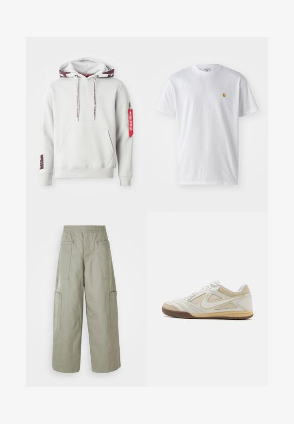 Hoodie gris clair avec une poche avant, des cordons de serrage ajustables et une poche zippée latérale avec une étiquette rouge. Poignets et ourlet côtelés.; T-shirt en coton blanc à manches courtes, col rond, avec un petit logo doré sur la poitrine gauche. Texture douce et coupe régulière.; Pantalons cargo amples de couleur olive avec une ceinture élastique, plusieurs poches et une texture lisse. Largeur réductible au niveau de l'ourlet.; Chaussure de sport blanche avec une tige texturée, accents gris, design à lacets et semelle en caoutchouc beige. Présente un logo distinctif sur le côté.