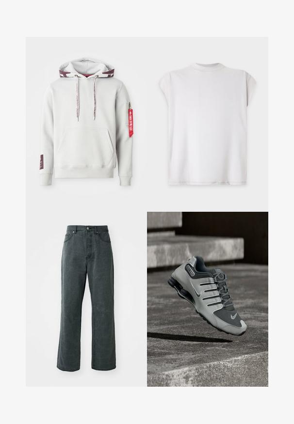Lys grå hættetrøje med en frontlomme, justerbare snøretræk og en sidelomme med lynlås, der har et rødt mærke. Ribstrikkede manchetter og kant.; Enkelt hvid t-shirt med korte ærmer og rund halsudskæring, vist fladt på en lys baggrund.; Bredde ben mørkegrå jeans lavet af denim, med høj talje, fem-lomme design og en subtil distressed tekstur.; Grå og sort Nike Shox sportssko svæver over en tekstureret betonoverflade med skygger nedenunder.