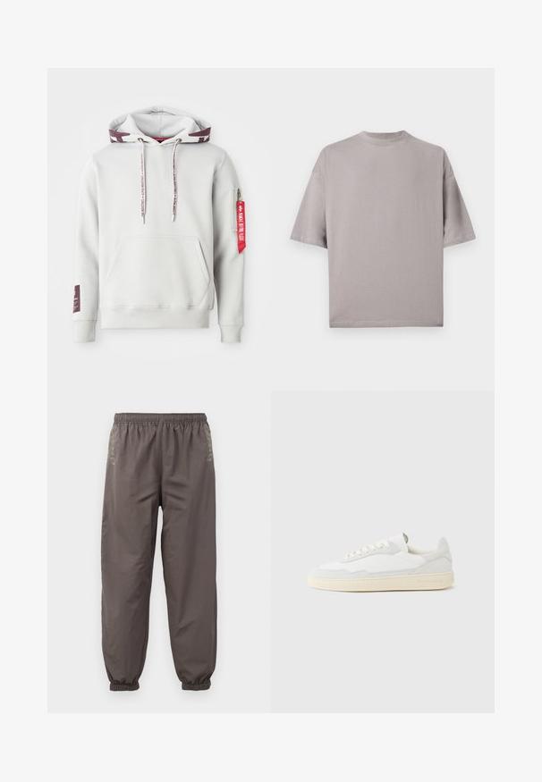 Hoodie gris clair avec une poche avant, des cordons de serrage ajustables et une poche zippée latérale avec une étiquette rouge. Poignets et ourlet côtelés.; Chemise ample gris clair unie à manches courtes et col rond, présentée à plat sur fond blanc.; Pantalons gris foncé à taille élastique avec une coupe décontractée. Présentent des poignets froncés et une broderie subtile sur les côtés. Tissu léger.; Baskets blanches avec dessus en daim et cuir texturé. Caractérisées par un bout arrondi, une fermeture à lacets et une semelle en caoutchouc beige contrastante.
