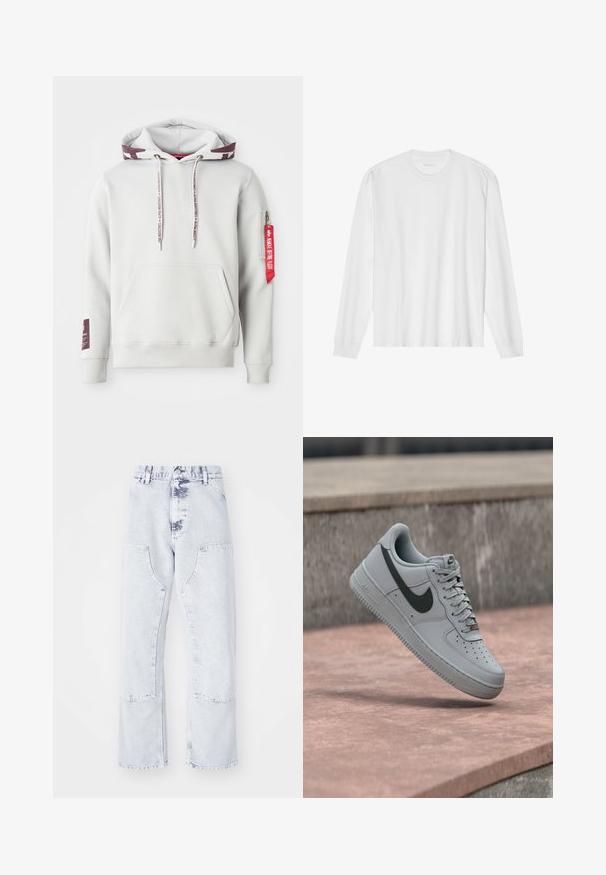 Lys grå hættetrøje med en frontlomme, justerbare snøretræk og en sidelomme med lynlås, der har et rødt mærke. Ribstrikkede manchetter og kant.; Hvid, langærmet t-shirt i bomuld med rund hals, med ribbede ærmeafslutninger og en lige kant, glat tekstur og minimalistisk design.; Lys blå denim straight-leg jeans med patchlommer, høj talje og en falmet overflade. Har tonede syninger og en afslappet pasform.; Grå Nike Air Force 1 sneaker med sort swoosh-logo, hvid sål og snørebånd, vist i luften over en betonoverflade.
