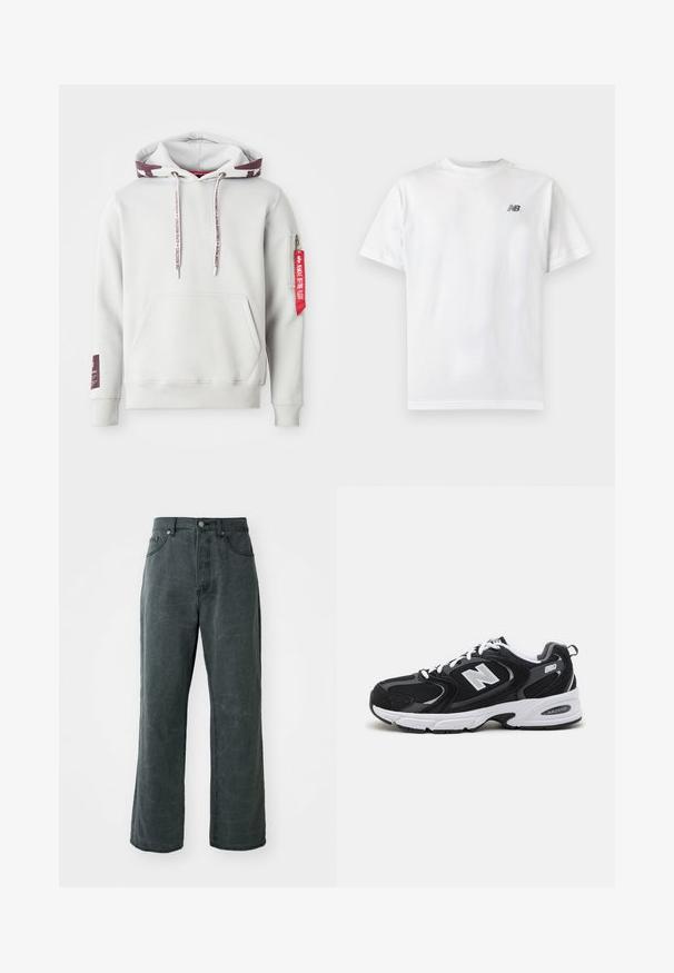 Hoodie gris clair avec une poche avant, des cordons de serrage ajustables et une poche zippée latérale avec une étiquette rouge. Poignets et ourlet côtelés.; T-shirt blanc à manches courtes et col rond avec un petit logo noir New Balance sur la partie supérieure gauche de la poitrine, sur un fond clair uni.; Jean en denim gris foncé à jambes larges, doté d'une taille haute, d'un design à cinq poches et d'une texture légèrement délavée.; Baskets de sport noires et grises avec un tige en mesh et en suède, présentant une semelle intermédiaire blanche, des lacets et un logo "N" audacieux sur le côté.