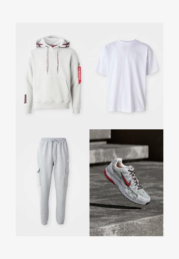 Hoodie gris clair avec une poche avant, des cordons de serrage ajustables et une poche zippée latérale avec une étiquette rouge. Poignets et ourlet côtelés.; T-shirt en coton blanc avec un col rond et des manches courtes. Présente un logo subtil brodé de la même couleur sur la poitrine gauche.; Pantalons de survêtement gris en tissu doux, avec une taille élastique à cordon de serrage, deux poches cargo sur les côtés et des poignets ajustés.; Chaussure de course Nike blanche et grise avec des accents rouges et des lacets noirs, suspendue au-dessus de marches en béton gris.