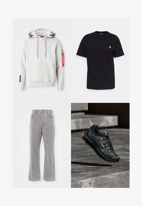 Hellgraue Kapuzenjacke mit Vordertasche, verstellbaren Kordeln und einer seitlichen Reißverschlusstasche mit einem roten Etikett. Gerippte Bündchen und Saum.; Schwarzes Baumwoll-T-Shirt mit kurzen Ärmeln, rundem Halsausschnitt und kleinem bunten Logo auf der linken Brust. Klassischer Schnitt mit glatter Textur.; Helle graue Denim-Jeans mit hoher Taille, ausgestellten Beinen und sichtbaren Nähten. Mit Eingrifftaschen und einem Reißverschluss.; Schwarzer und grauer Nike Air Max Sneaker, der über graue Betonstufen mit strukturiertem Bodenhintergrund schwebt.