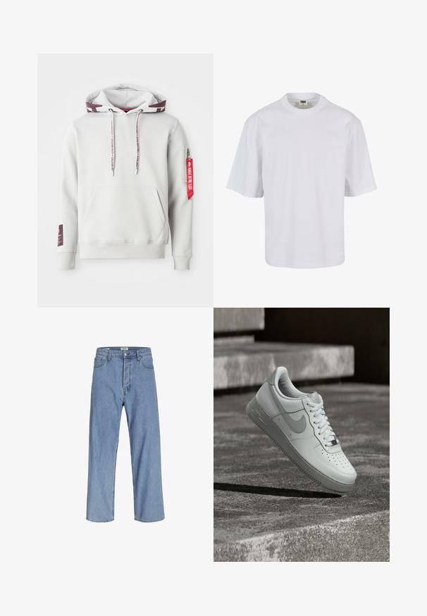 Lys grå hættetrøje med en frontlomme, justerbare snøretræk og en sidelomme med lynlås, der har et rødt mærke. Ribstrikkede manchetter og kant.; Hvid, kortærmet t-shirt lavet af bomuld. Har rund halsudskæring og løs pasform med en glat tekstur og ingen synlige mønstre eller grafik.; Lyseblå denimjeans med en afslappet pasform, der har høj talje, vide ben og fem lomme-design. Stoffet har en blød tekstur.; Hvid Nike Air Force 1 sneaker, der svæver over en tekstureret betongulv med stenetrin i baggrunden.