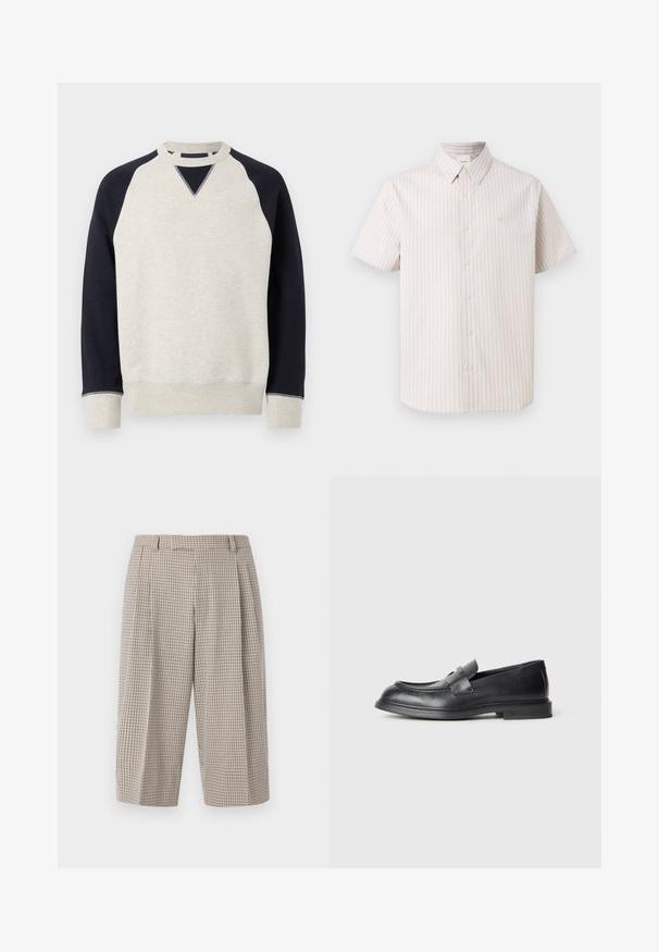 Sweat-shirt à col rond avec corps gris clair, manches raglan noires et poignets et ourlet gris.; Chemise à manches courtes boutonnée avec des rayures verticales beige et blanches et un col pointu sur un fond uni.; Pantalon court taille haute à jambes larges avec motif petits carreaux beige et noir, passants de ceinture et plis devant.; Mocassins en cuir noir avec une finition texturée, dotés d'une bride décorative à l'avant et d'un bout arrondi. Semelle en caoutchouc pour plus de durabilité.