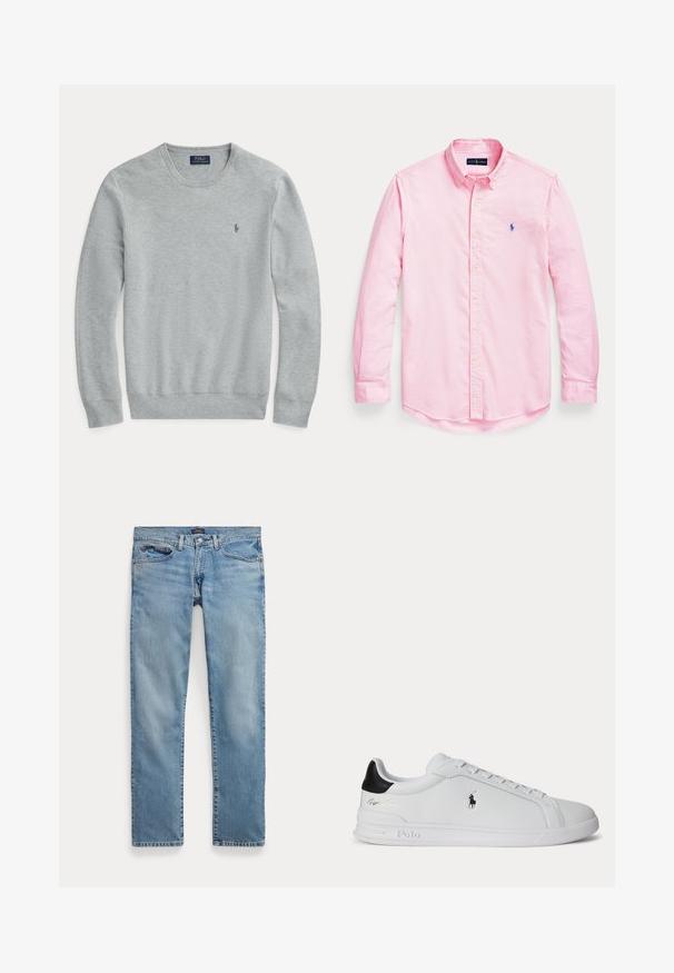 Svetlo šedý pletený sveter s dlhým rukávom, okrúhlym výstrihom, rebrovanými manžetami a spodným lemom, a malým vyšitým logom Polo Ralph Lauren na hrudi.; Ružová košeľa s dlhým rukávom, zapínaná na gombíky s golierom a modrým vyšitým logom na ľavej strane hrudníka, položená na bielom pozadí.; Svetlomodré rovné rifľové nohavice s prednými vreckami a zapínaním na gombík, položené na bielom pozadí.; Biela nízka teniska s čiernou pätovou pätkou, šnúrkami a logom Polo Ralph Lauren na boku, so zvýraznenými detailmi na podrážke.