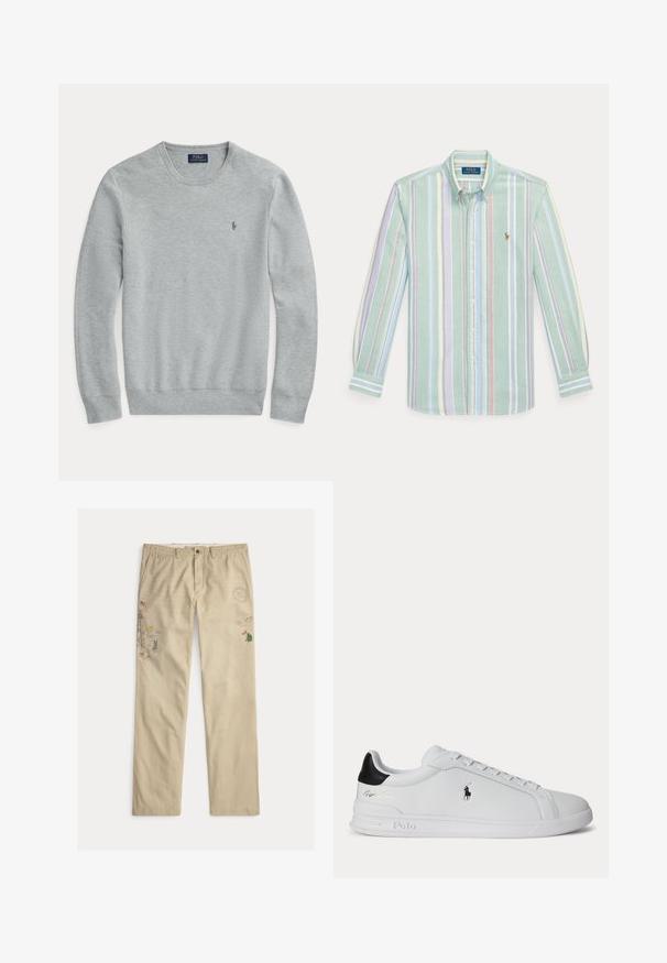 Lys grå langærmet strikket sweater med rund hals, ribbede manchetter og kant, samt lille broderet Polo Ralph Lauren-logo på brystet.; Langærmet skjorte med knapper og vertikale pastelfarvede striber i grøn, blå, pink og gul, med krave og Polo Ralph Lauren-logo på brystet.; Beige bomuldsbukser med broderede motiver, herunder træer og bjerge, med knaplukning og bæltestropper.; Hvid lavtop sneaker med sort hælfane, snørebånd og Polo Ralph Lauren-logo på siden, med præget såldetaljer.