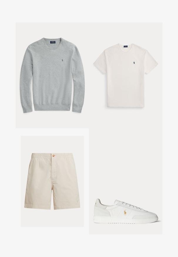 Heledatud hall pikka varrukat või salli kudumisest valmistatud kampsun, ümmargune kaelus, ribakujulised mansetid jaäär ning rinnal väike brodeeritud Polo Ralph Lauren logo.; Valge lühikeste varrukatega ümarakaelusega t-särk, millel on vasakul rinnal väike tumesinine polosõitja logo.; Meeste helebeežid lühikesed püksid puuvillasegust, millel on elastne vöökoht, nööp-kinnitus ja üks logo ääre lähedal.; Valge madala säärega tennisking paeltega, kuldse Polo Ralph Laureni logoga küljel ja tekstureeritud tallaga ühevärvsel taustal.