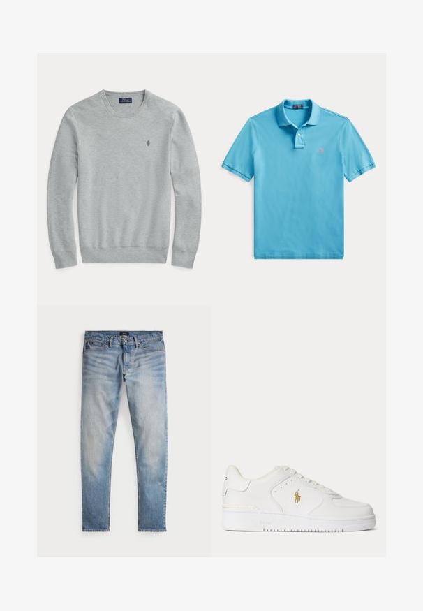 Hellgrauer, langärmeliger Strickpullover mit Rundhalsausschnitt, gerippten Bündchen und Saum sowie kleinem gestickten Polo Ralph Lauren-Logo auf der Brust.; Hellblaues Poloshirt mit kurzen Ärmeln, Kragen, zwei Knöpfen und kleinem pink besticktem Logo auf der linken Brust.; Helle blaue Denim-Jeans mit einem ausgewaschenen Finish, Fünf-Taschen-Design und kontrastierenden Nähten. Mit Reißverschluss und Gürtelschlaufen. Gerade geschnitten.; Weißer Leder-Sneaker mit niedrigem Schnitt, weißen Schnürsenkeln und einem goldfarbenen Polo Ralph Lauren-Logo an der Seite sowie "Polo" auf der Sohle geprägt.
