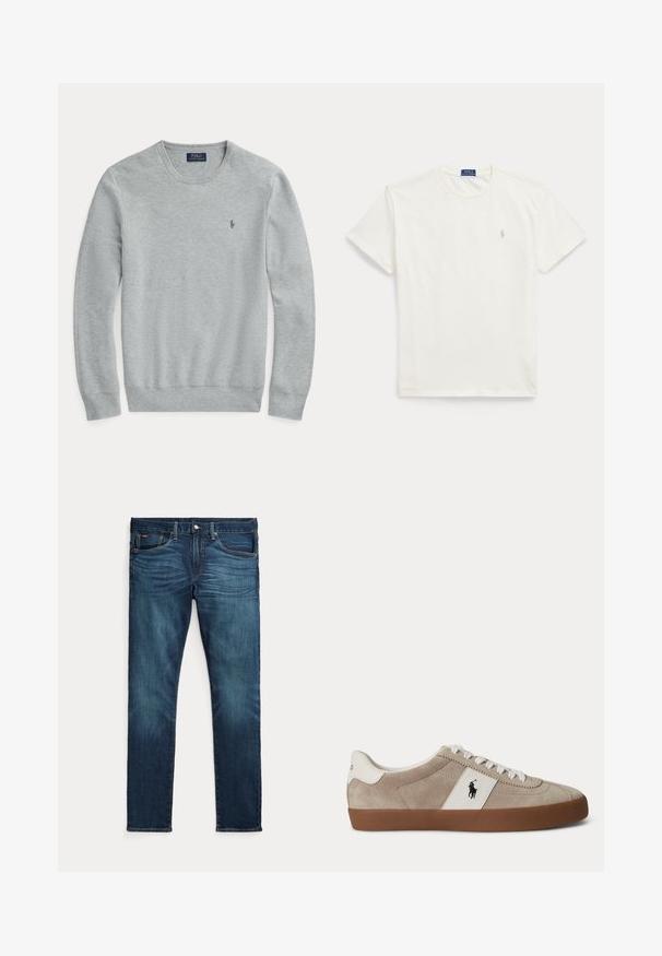 Hellgrauer, langärmeliger Strickpullover mit Rundhalsausschnitt, gerippten Bündchen und Saum sowie kleinem gestickten Polo Ralph Lauren-Logo auf der Brust.; Weißes T-Shirt mit kurzen Ärmeln und Rundhalsausschnitt mit kleinem hellbeigen Polo Ralph Lauren Logo auf der linken Brust.; Dunkelblaue Slim-Fit-Jeans mit vorderem Knopf und Reißverschluss, fünf Taschen sowie dezenter Verfärbung an den vorderen Oberschenkeln und Knien.; Beiger Wildleder-Sneaker mit niedrigem Schaft, weißen Schnürsenkeln, weißem Lederakzent mit schwarzem Pferdelogo und brauner Gummisohle.