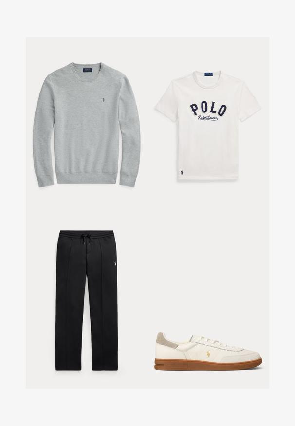 Svetlo šedý pletený sveter s dlhým rukávom, okrúhlym výstrihom, rebrovanými manžetami a spodným lemom, a malým vyšitým logom Polo Ralph Lauren na hrudi.; Biele tričko s krátkym rukávom s námorníckym modrým textom "POLO Ralph Lauren" na hrudi a malým námorníckym logom hráča póla blízko okraja.; Čierne tepláky s rovným strihom, so sťahovacou šnúrkou v páse a malým bielym logom na ľavom stehne, zobrazené na svetlom pozadí.; Biela kožená nízka teniska s hnedou gumovou podrážkou, béžovým semišovým náplasťou na päte a malým zlatým logom Polo na boku.