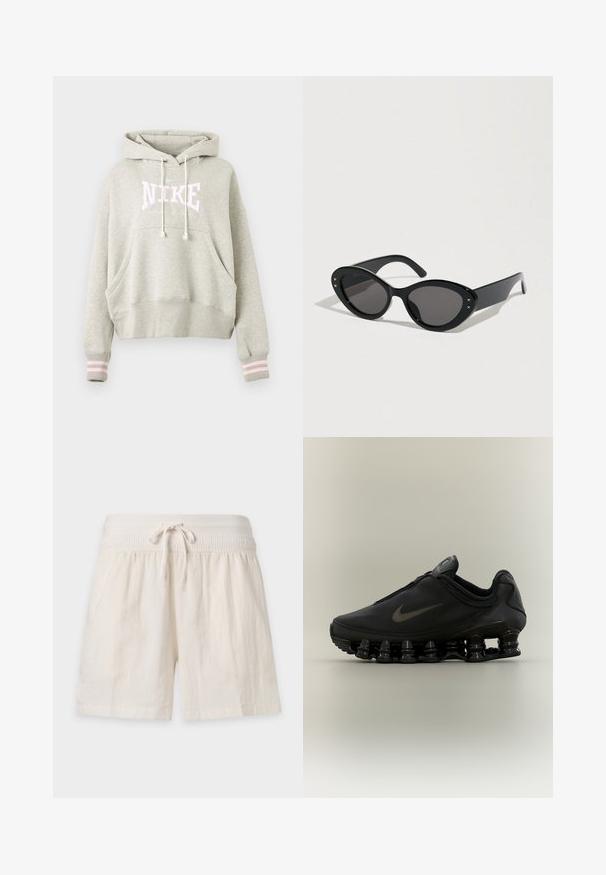Ανοιχτό γκρι φούτερ Nike με κουκούλα με κορδόνι, μπροστινή τσέπη καγκουρό, ριμπ μανσέτες με δύο ανοιχτόροζ ρίγες και κείμενο λογότυπου στο στήθος.; Κρεμ casual σορτς με ελαστική μέση και δέσιμο με κορδόνι, κατασκευασμένο από ελαφρύ ύφασμα για άνεση.; Μαύρο αθλητικό παπούτσι Nike με φερμουάρ στο πάνω μέρος και χαρακτηριστική σόλα με τμηματικές ελαστικές άνοιξη, παρουσιάζεται σε πλάγια όψη πάνω σε ουδέτερο φόντο.; Μαύρα γυαλιά ηλίου με υπερμεγέθη σχήμα cat-eye. Λείες πλαστικές σκελετούς με σκουρόχρωμους φακούς και μικρές αστέρια διακοσμήσεις στις πλευρές.