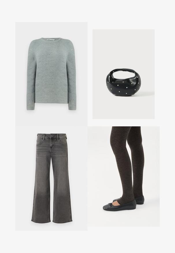 Pull en maille bleu clair avec un col rond, des manches longues et un motif en vagues texturé sur l'ensemble du tissu.; Jean large gris en denim, présentant un design classique à cinq poches, fermeture à bouton et détails de couture le long des coutures.; Jambes portant des leggings côtelés foncés associés à des ballerines noires avec de petits détails en nœud sur fond blanc.; Sac à main en cuir noir de forme arrondie, décoré de clous argentés et équipé d'une poignée courte. Texture lisse et fermeture éclair.