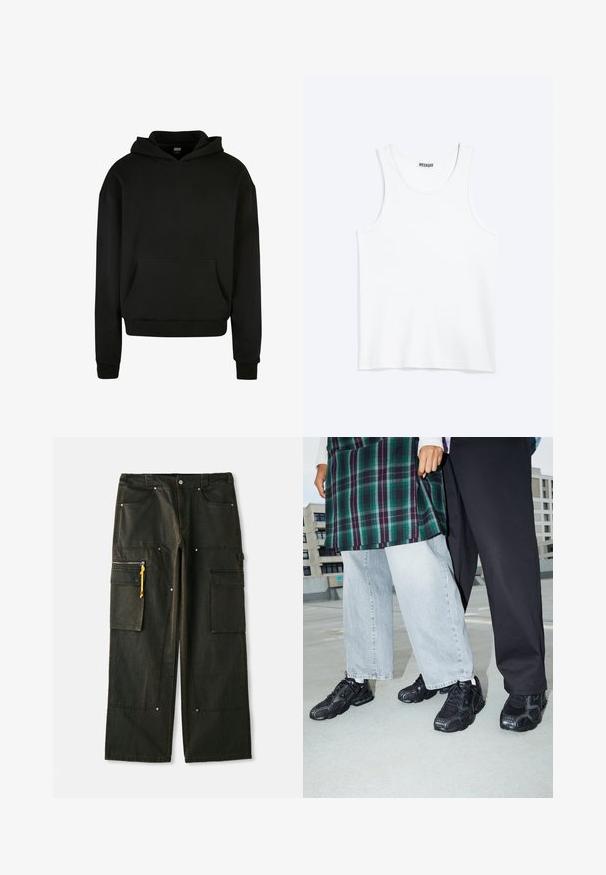 Sweatshirt à capuche noir fabriqué en tissu doux, avec une poche avant, des poignets côtelés et une coupe décontractée.; Débardeur blanc sans manches avec col rond et étiquette de la marque Weekday à l'intérieur du col arrière, présenté à plat sur un fond clair.; Pantalons cargo noirs avec une coupe décontractée, comportant plusieurs poches, des tirettes de fermeture éclair jaunes et un tissu texturé avec une finition délavée.; Baskets de sport noires avec des accents en mesh et en caoutchouc. Portées avec un jean large gris clair et un haut à carreaux vert. Fond à surface plane.