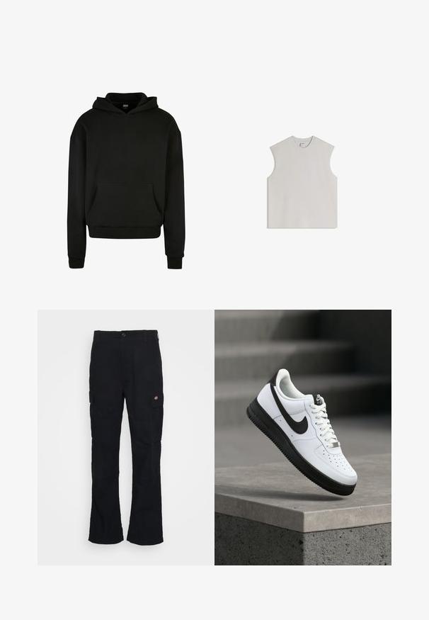 Zwarte hoodie gemaakt van zachte stof, met een voorzak, geribde boorden en een ontspannen pasvorm.; Mouwloos lichtgrijs tanktop gemaakt van zacht katoen, met een ronde halslijn, een losse pasvorm en een minimalistisch ontwerp zonder versieringen.; Zwarte cargobroek met een rechte pijpdesign, gemaakt van duurzaam materiaal, voorzien van zijzakken en een patchlogo aan de linkerkant.; Witte leren sneaker met zwarte accenten, afgeronde neus en geperforeerde details. Zwarte rubberen zool met een gestructureerd patroon en vetersluiting.