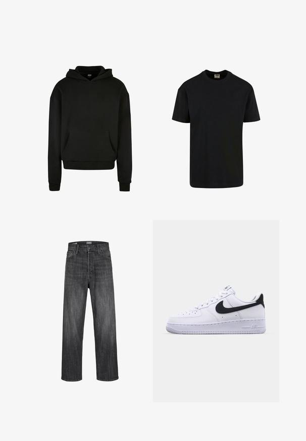 Čierna mikina s kapucňou vyrobená z mäkkého materiálu, so prednou kapsou, rebrovanými manžetami a uvoľneným strihom.; Urban Classics SHORTSLEEVE - Základné tričko - black; Tmavosivé džínsové nohavice s priamym strihom, s gombíkovým zapínaním, dizajnom s piatimi vreckami a minimálnym vyblednutím na textúre látky.; Biele kožené tenisky s textúrovaným čiernym Swooshom, plochými šnúrkami a gumovou podrážkou s ryhovaným vzorom. Na päte je embosovaný nápis "AIR".