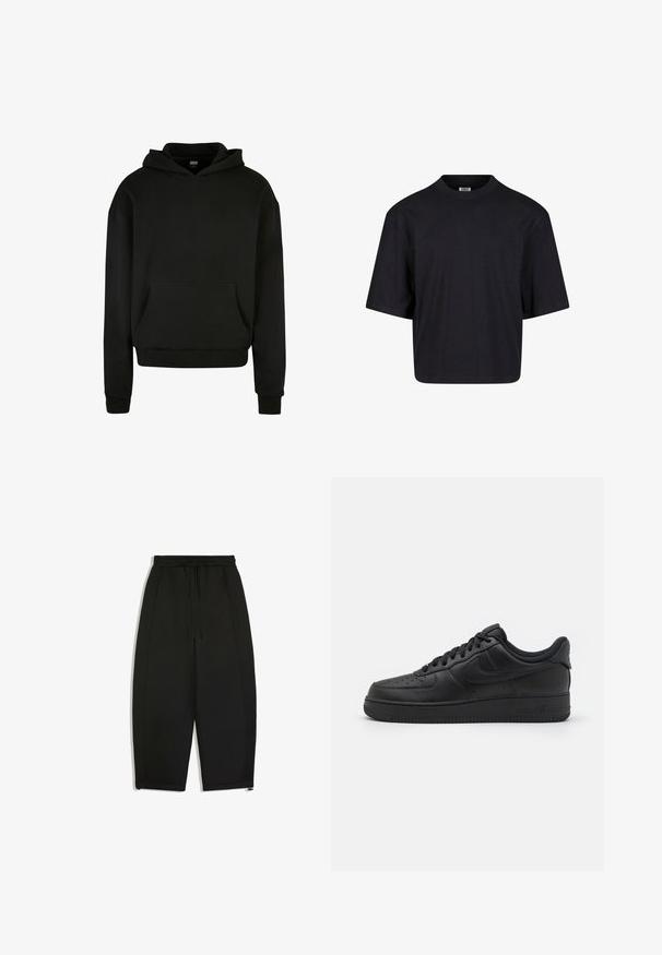 Schwarzer Kapuzenpullover aus weichem Stoff, mit einer Fronttasche, gerippten Bündchen und einem lässigen Schnitt.; Schwarzes Baumwoll-T-Shirt mit Rundhalsausschnitt, kurzen Ärmeln und oversized Passform. Glatte Textur und minimalistisches Design. Keine sichtbaren Logos.; Schwarze weit geschnittene Hose mit elastischem Bund und Kordelzug, mit Seitentaschen und Reißverschlüssen an den unteren Säumen.; Nike Sportswear AIR FORCE 1 07 FLYEASE - Sneaker low - black