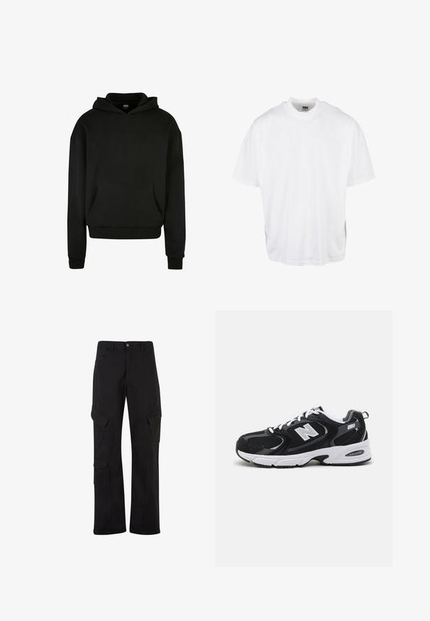 Schwarzer Kapuzenpullover aus weichem Stoff, mit einer Fronttasche, gerippten Bündchen und einem lässigen Schnitt.; Weißes Baumwoll-T-Shirt mit lockerer Passform, kurzen Ärmeln und rundem Halsausschnitt, mit geradem Saum und ohne sichtbare Grafiken oder Muster.; Schwarze Baumwoll-Cargo-Hosen mit geradem Bein, ausgestattet mit mehreren Seitentaschen und einem Knopfverschluss auf der Taille.; Schwarze und graue Sportschuhe mit Obermaterial aus Mesh und Wildleder, ausgestattet mit einer weißen Zwischensohle, Schnürsenkeln und einem markanten "N"-Logo an der Seite.