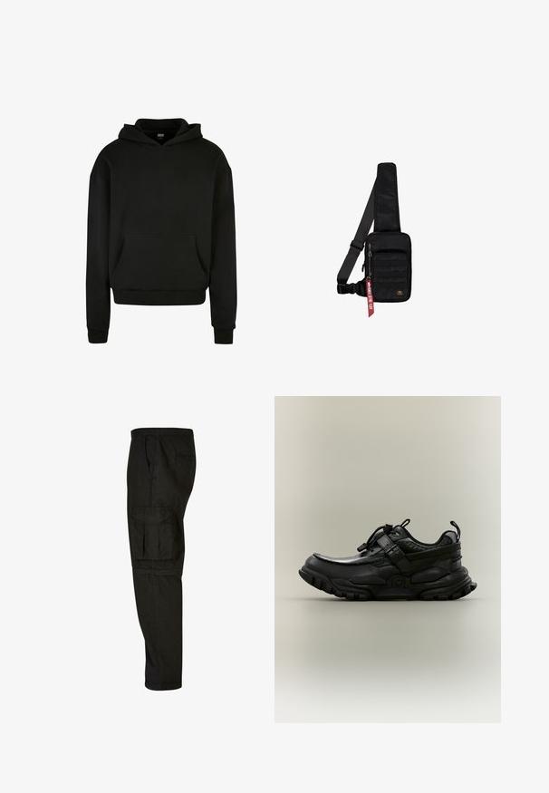 Sweatshirt à capuche noir fabriqué en tissu doux, avec une poche avant, des poignets côtelés et une coupe décontractée.; Pantalons cargo noirs avec une coupe décontractée, une taille élastique, des poches latérales et une grande poche cargo sur la cuisse. Tissu doux et léger.; Chaussure de sport noire et épaisse avec une bride réglable, un bloque-lacets et une semelle robuste, vue de profil sur fond neutre.; Sac bandoulière noir en tissu texturé. Comprend un compartiment principal à fermeture éclair, une poche avant avec sangle, une bandoulière réglable et une étiquette décorative.