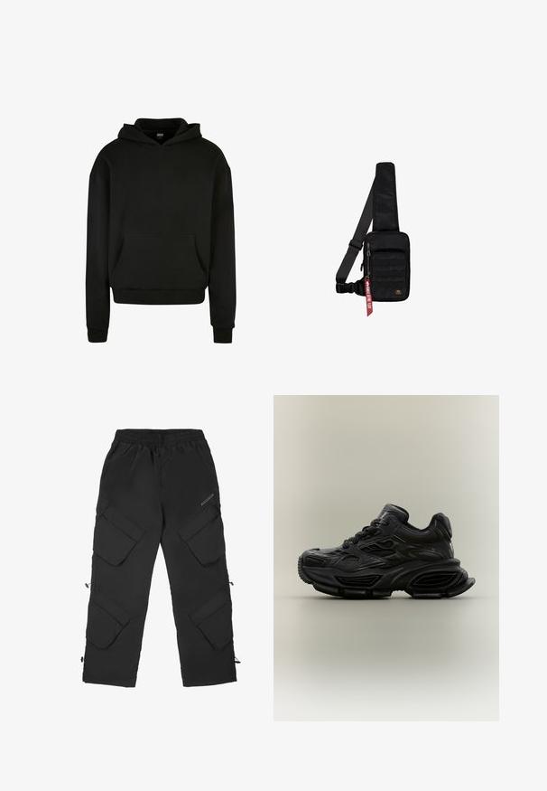 Schwarzer Kapuzenpullover aus weichem Stoff, mit einer Fronttasche, gerippten Bündchen und einem lässigen Schnitt.; Schwarze Cargo-Hosen aus leichtem, strukturiertem Material. Verfügen über einen elastischen Bund, mehrere große Taschen und verstellbare Bündchen.; Schwarzer klobiger Sneaker mit strukturiertem Design, dicker Sohle und Schnürverschluss vor schlichtem neutralem Hintergrund.; Schwarze Umhängetasche aus strukturiertem Stoff. Ausgestattet mit einem Reißverschluss-Hauptfach, einer vorderen Tasche mit Gurtband, verstellbarem Riemen und einem dekorativen Anhänger.