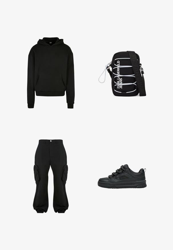 Schwarzer Kapuzenpullover aus weichem Stoff, mit einer Fronttasche, gerippten Bündchen und einem lässigen Schnitt.; Schwarze Cargo-Hosen mit lockerer Passform, ausgestattet mit zwei seitlichen Cargo-Taschen, elastischen Bündchen an den Knöcheln und einem Knopfverschluss auf der Taille.; Schwarzer Low-Top-Sneaker mit dicker Sohle, gepolstertem Kragen, Mesh-Einsätzen und kräftigen Schnürsenkeln, dargestellt vor weißem Hintergrund.; Schwarze Umhängetasche mit weißen elastischen Schnüren, silbernen Beschlägen und dem Aufdruck "KARL LAGERFELD JEANS" in Weiß auf der Vorderseite, mit breitem schwarzem Träger.