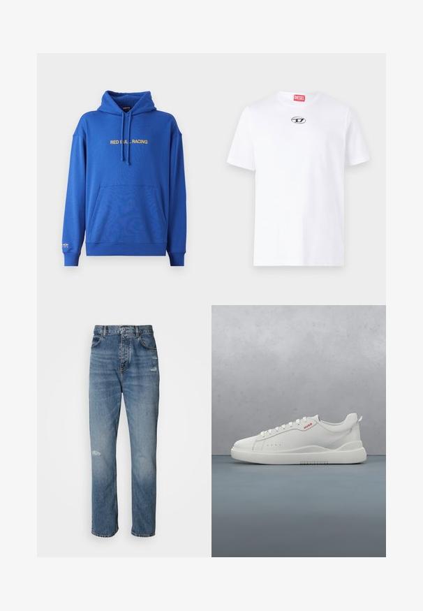 Sudadera azul con un bolsillo canguro en la parte frontal, capucha ajustable con cordón, y el texto "RED BULL RACING" en amarillo a lo largo del pecho. Tejido suave.; Camiseta de algodón blanca con mangas cortas, que presenta un escote redondo y un parche del logo plateado de Diesel en el pecho. Diseño simple, color sólido.; Jeans de mezclilla de color azul claro con un diseño de pierna recta, que cuentan con un cierre de botón y cremallera, cinco bolsillos y detalles deshilachados cerca de la rodilla.; Zapatilla blanca con un acabado de cuero liso, punta redonda, cuatro ojales, perforaciones sutiles y un detalle de logo rojo en el lateral.