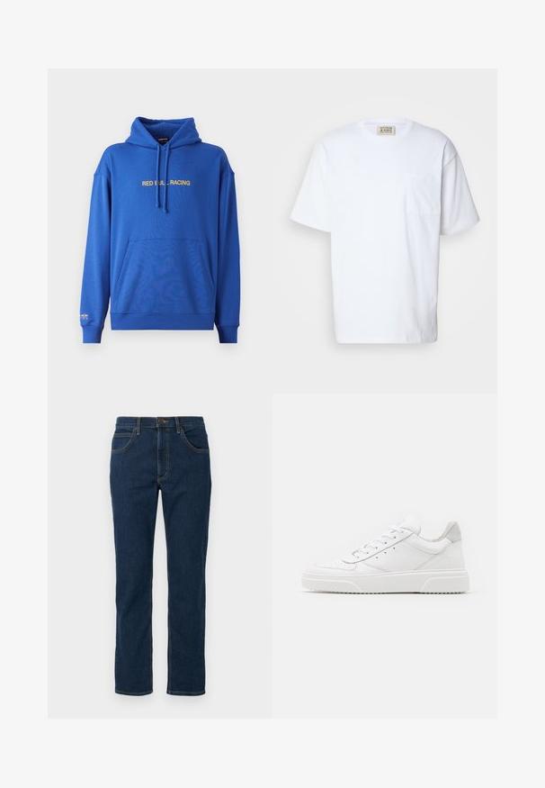 Sudadera azul con un bolsillo canguro en la parte frontal, capucha ajustable con cordón, y el texto "RED BULL RACING" en amarillo a lo largo del pecho. Tejido suave.; Camiseta blanca de manga corta hecha de algodón. Incluye un bolsillo en el pecho y un sutil detalle de costura en el bolsillo. Cuello redondo.; Jeans de denim azul oscuro con un ajuste recto, diseño clásico de cinco bolsillos, costuras visibles en un color contrastante y cierre de botón.; Zapatillas de cuero blanca con un acabado suave, punta redondeada, cordones planos y una suela texturada. Acento de ante gris en el talón.