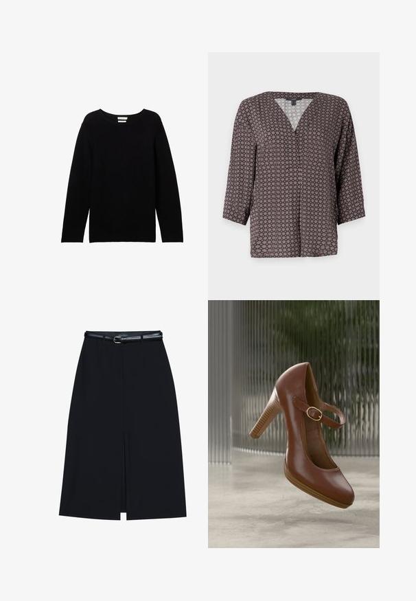 Sort langærmet sweater lavet af ribbet stof med rund halsudskæring og sænkede skuldre, der har en afslappet pasform og ingen synlige detaljer.; Sort top med V-udskæring, trekvartærmer, prydet med et geometrisk mønster i rød og hvid. Glat stof med subtil glans.; Sort knælang nederdel med en foran slids, lavet af glat stof. Har et tyndt sort bælte med en sølvfarvet spænde og bæltestropper.; Brun læder Mary Jane højhælet sko med rundet tå og gyldent spænde, vist på en neutral reflekterende overflade og tekstureret glasbaggrund.