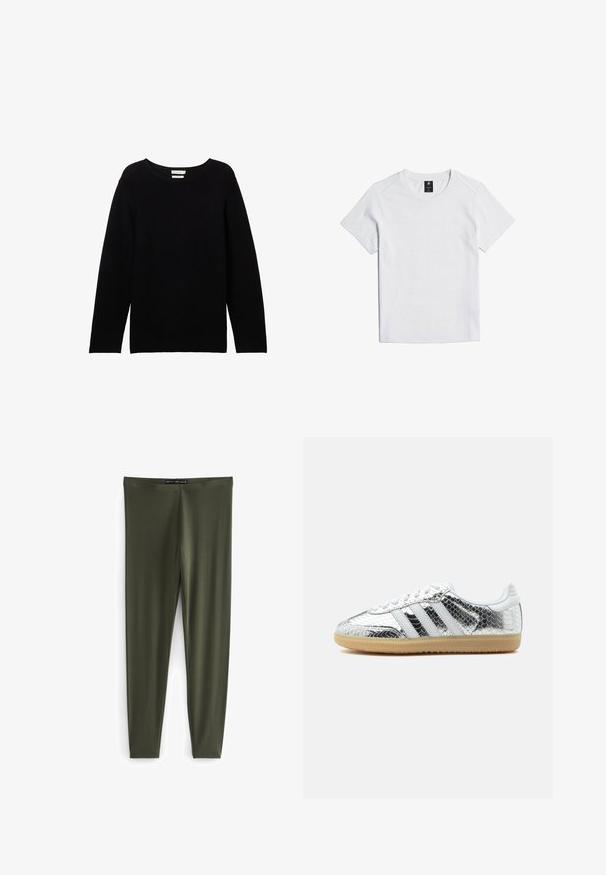 Sort langærmet sweater lavet af ribbet stof med rund halsudskæring og sænkede skuldre, der har en afslappet pasform og ingen synlige detaljer.; Hvid kortærmet t-shirt lavet af blødt stof, med en rund hals og et subtilt logo på brystet. Rent, minimalistik design.; Helt lange tights i mørk olivengrøn, lavet af et glat, strækbart stof uden synlige sømme eller dekorationer.; Lav top sneaker med sølvmetalisk slangeskind tekstur, hvide striber, hvide snørebånd og lys gummisål på hvid baggrund.