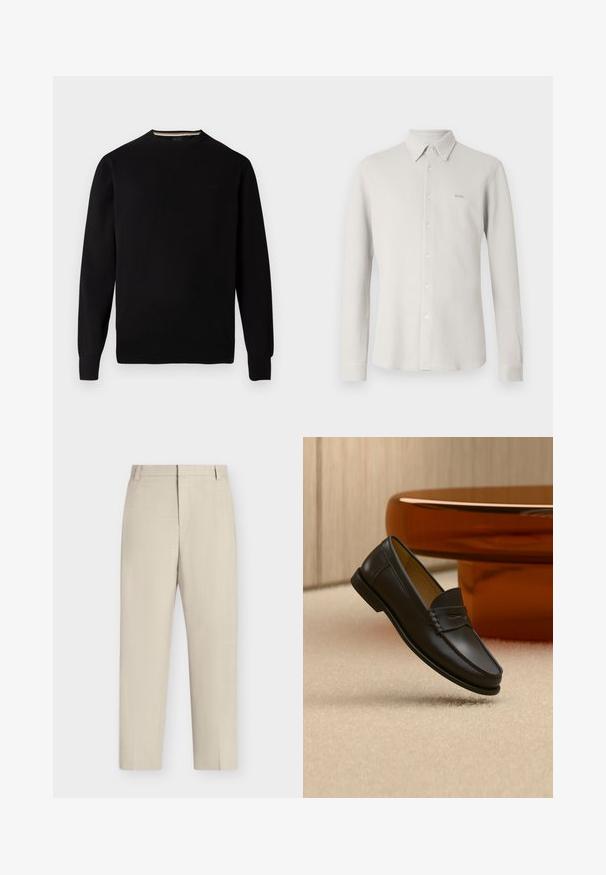 Pull en maille noire avec encolure ronde, poignets et ourlet côtelés, arborant un logo discret sur la poitrine et une bande d'encolure intérieure contrastante.; Chemise gris clair boutonnée avec un tissu texturé, col et manches longues ; présente un logo "BOSS" subtil sur la poitrine.; Pantalon beige à jambe droite avec passants de ceinture, fermeture éclair à l’avant et coupe ajustée sur un fond blanc uni.; Chaussure mocassin en cuir noir suspendue au-dessus d’un tapis beige avec du mobilier moderne couleur ambre en arrière-plan.