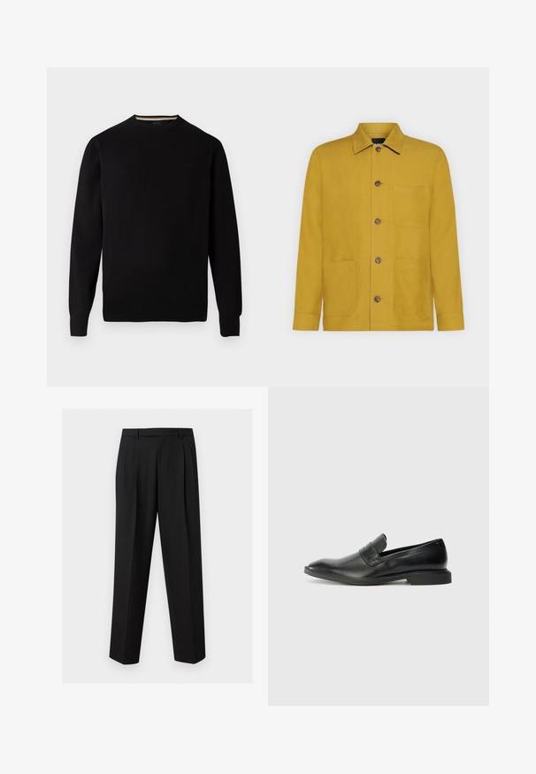 Pull en maille noire avec encolure ronde, poignets et ourlet côtelés, arborant un logo discret sur la poitrine et une bande d'encolure intérieure contrastante.; Veste jaune moutarde à manches longues avec col, quatre boutons devant et trois poches avant sur fond uni.; Pantalon noir sur mesure avec jambes droites, plis à la taille, passants de ceinture et poches latérales fendues, présenté sur un fond uni.; Mocassins en cuir noir avec une texture lisse, un nez pointu et un petit talon rectangulaire. Présente un détail de bande horizontale sur le dessus.